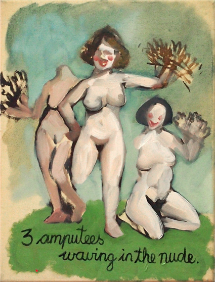 three amputees waving in the nude